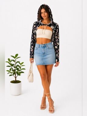 Floral Cropped Hooded Bolero Top | Cut-Out Front | Lightweight Layering Piece